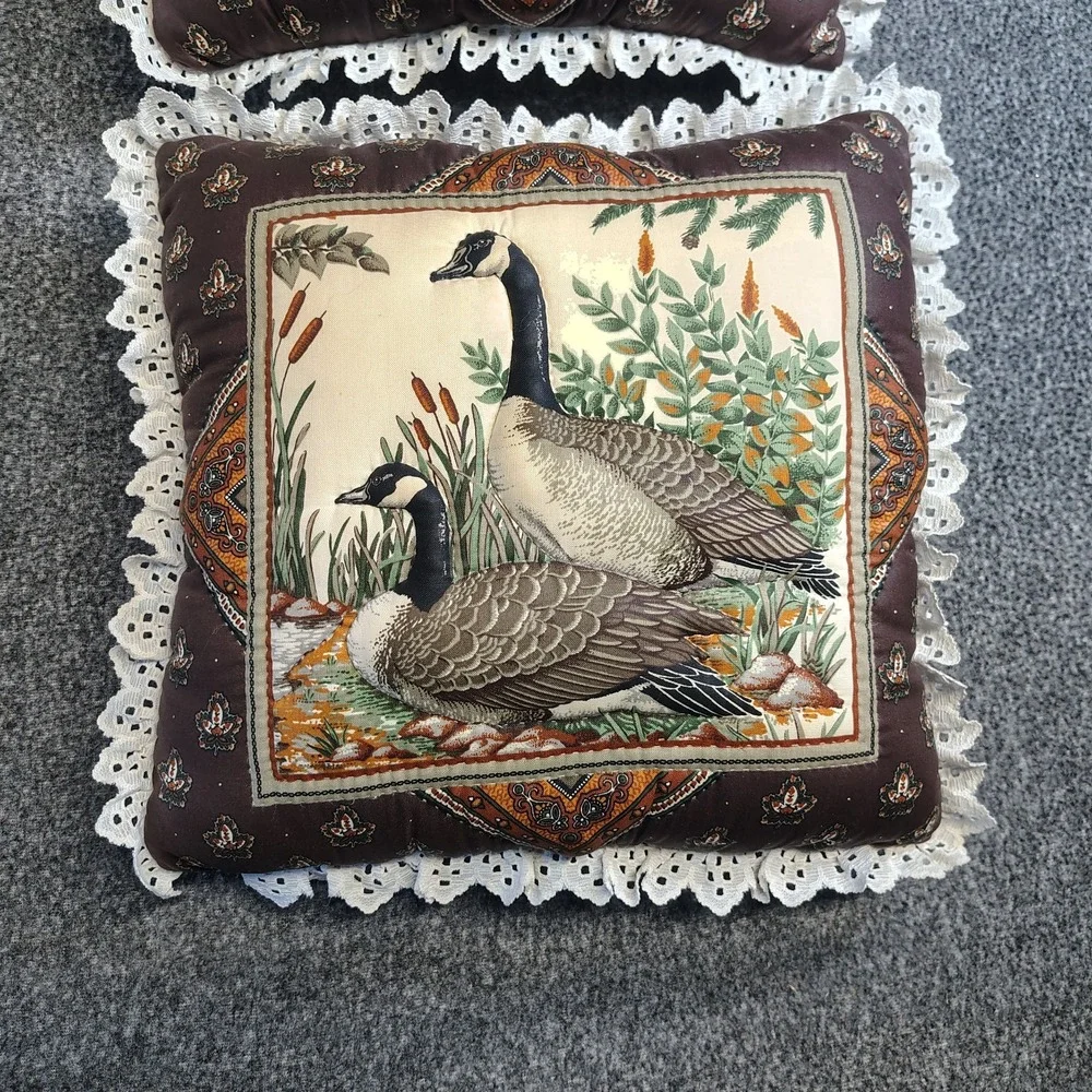 Vintage Cottagecore Tapestry Throw Pillow Set Turkey Goose Lace Trim Wildlife